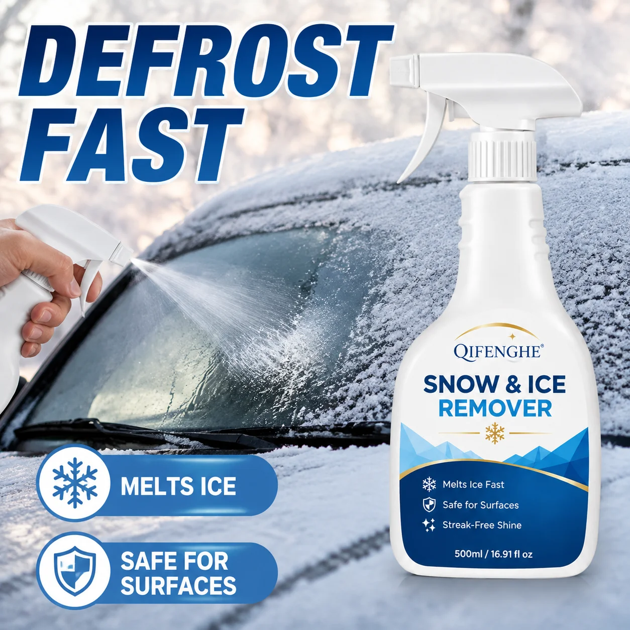 Fast Acting Snow Ice Remover Spray Quickly Melt Frost Ice for Car Windshield Safe for Automotive Surface Defrost Agent