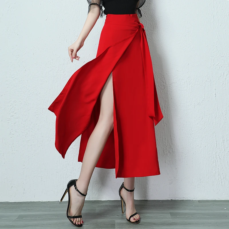 

Длинная юбка-платье из ледяного шелка для женщин, весна-лето, приталенная, с разрезом, на высокой талии, элегантная, драпированная, в корейском стиле