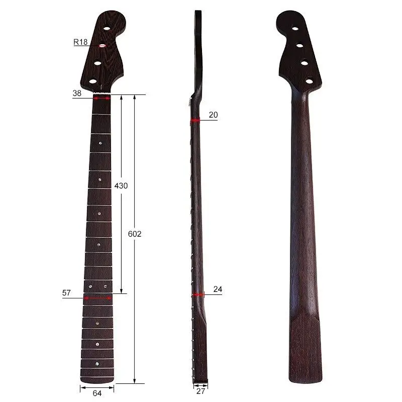 Jazz Bass Neck, Wenge Wood, 20 Fret, Diy Bass For Guitar Part, 4 Strings