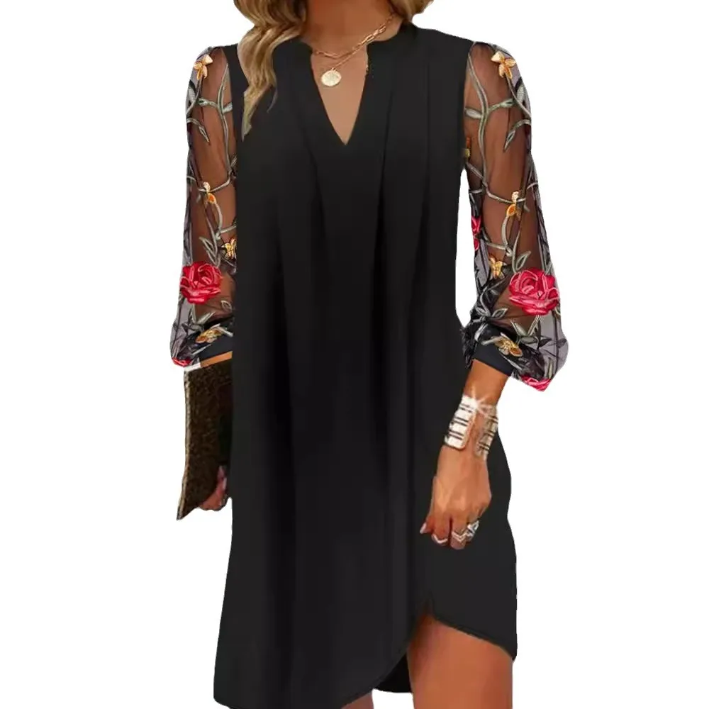 فستان بوهو برقبة على شكل V وأكمام طويلة مزهّر بطيات شفافة فستان ميدي أنيق صيفي لقضاء العطلات وحفلات الشاطئ للنساء شيفون كاجوال