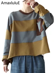 Amax luluE Womens Loose Leisure O-Neck Design Hoodies Spring British Style Vintage Patchwork Sweatshirts Striped Street Clothes