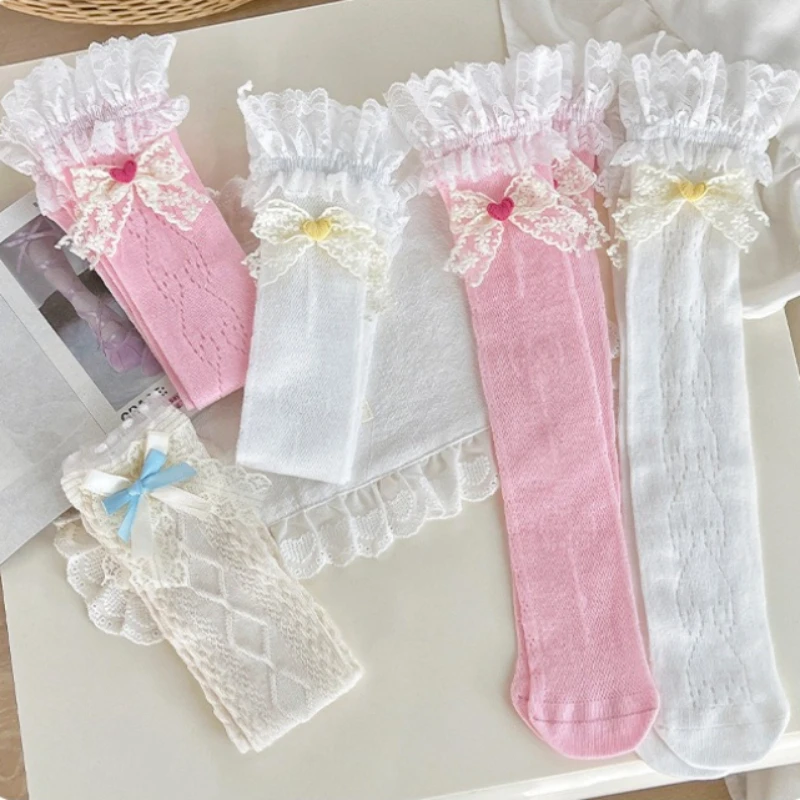 Girls Lolita Lace Mid Calf Socks Ruffle Heart Bow Cute Cotton Socks Japanese Sweet Princess Socks For Kids Children