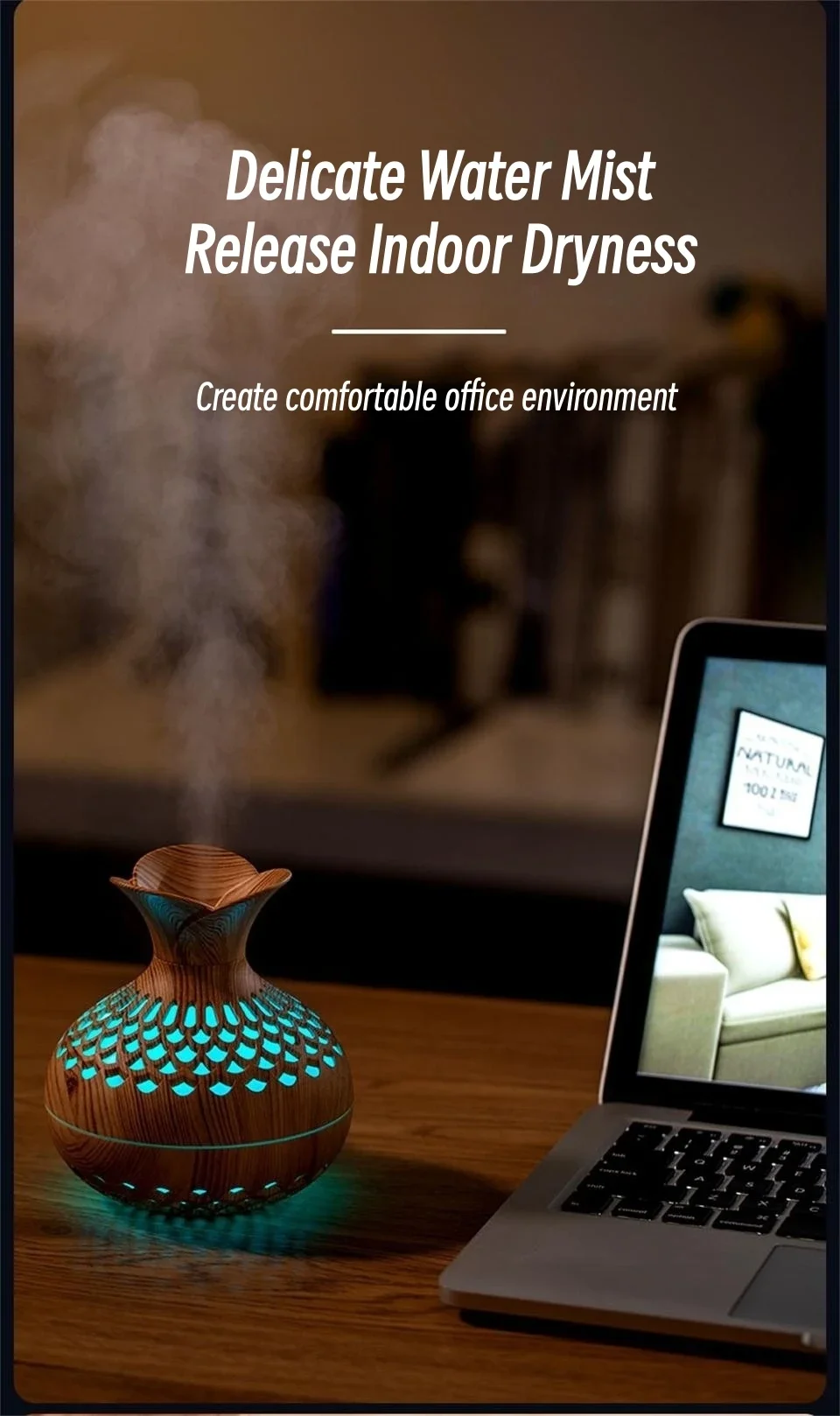 Holzmaserung Vase Luftbefeuchter Haushalt Elektrische Ultraschall-luftbefeuchter Desktop Ätherisches Öl Diffusor Luftreiniger Hause Zimmer – Detail 6