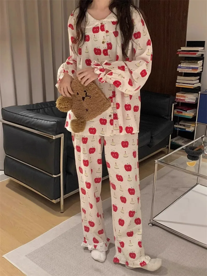 Pajama Sets Women Red Apples Print Sweet Princess Sleepwear Home College Girls Lounge Dormitory Spring Autumn Korean Fashion New