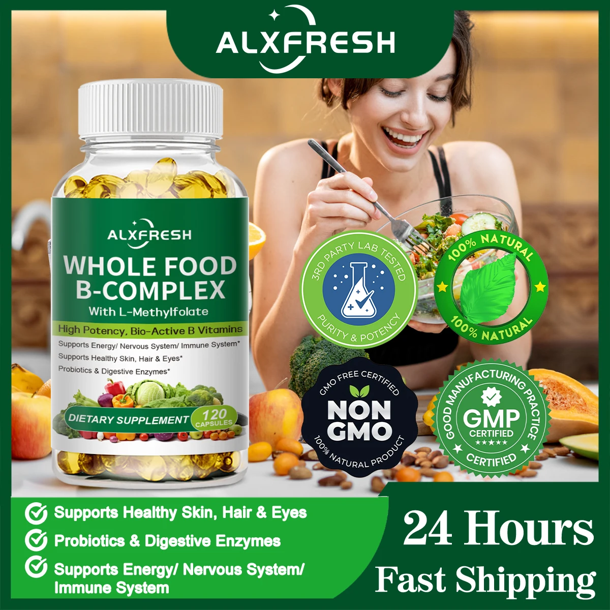 Vitamin B Complex Capsules Relieve Stress and Mood Support Healthy Nervous System and Energy and Hair and Eyes Improve Immunity