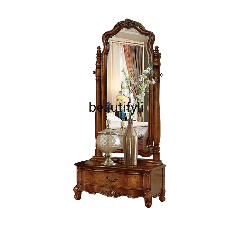 Solid Wood Dressing Mirror European Style Vintage Engraving Changing Mirror BeltStorage Drawer Household Distressed Floor Mirror