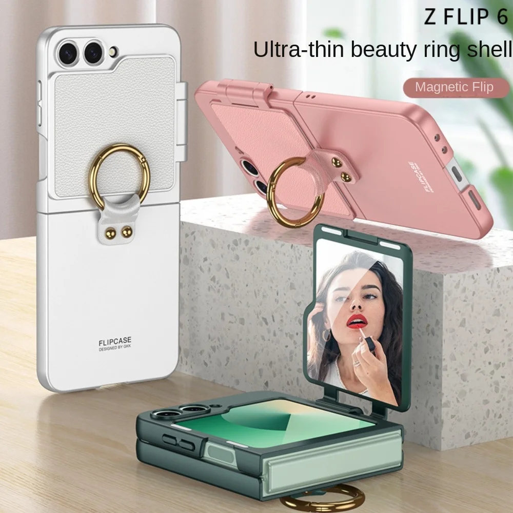 Ring Holder Phone Case With Back Screen Protective Cover Mirror For Samsung Galaxy Z Flip 6 Flip6 5G 2024 Shockproof Hard Shell