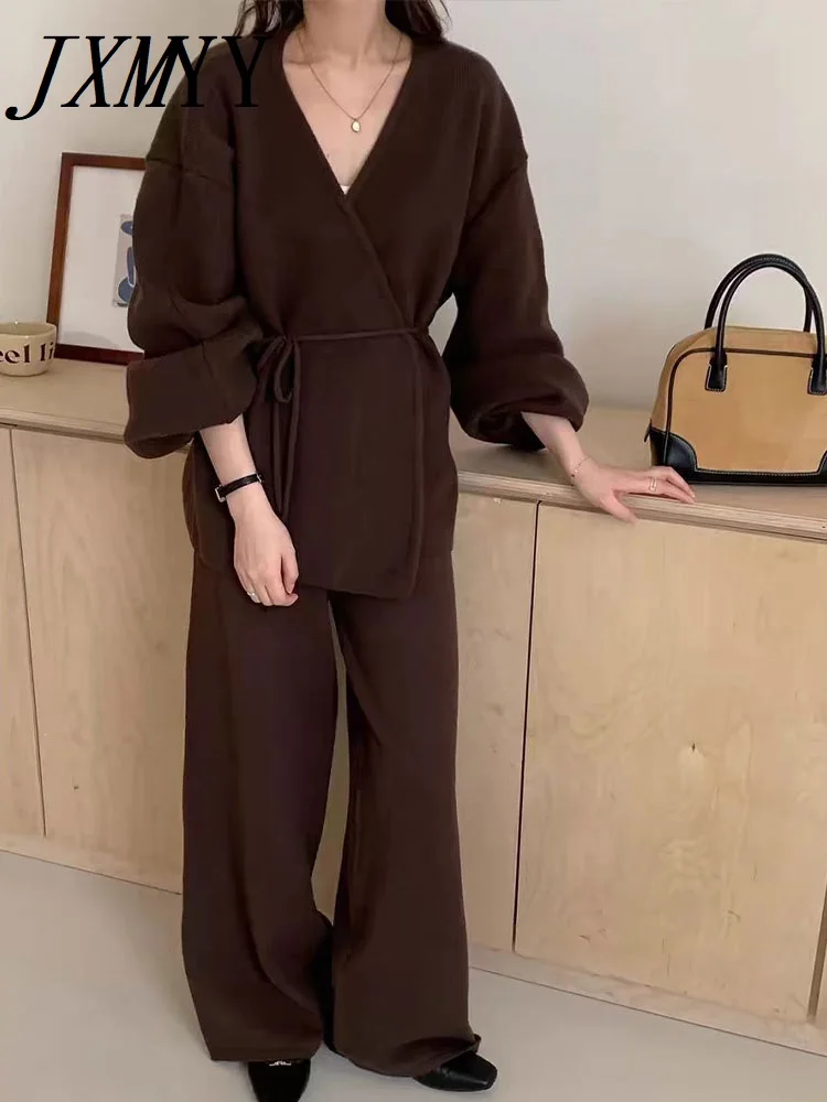 New Autumn Style Fashionable Elegant Temperament Retro Knitted Suit Women\'s Casual Cardigan Coat wide-Leg Pants Two-Piece Set