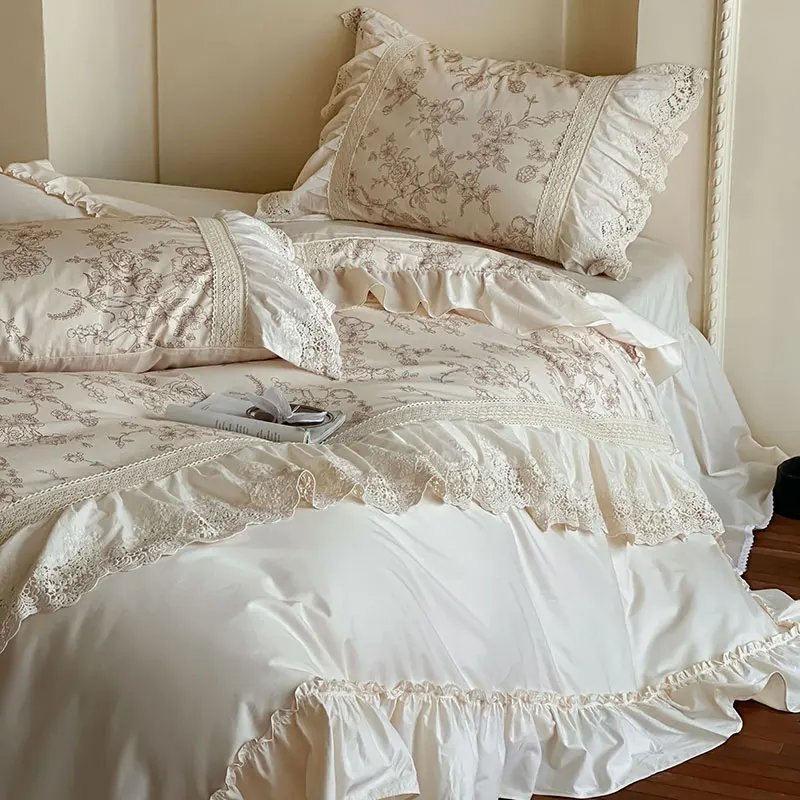 Vintage Flower Prints Hollow Lace Ruffles Princess Bedding Set 100% Cotton Duvet Cover Bed Skirt Bedspread Pillowcases 4Pcs