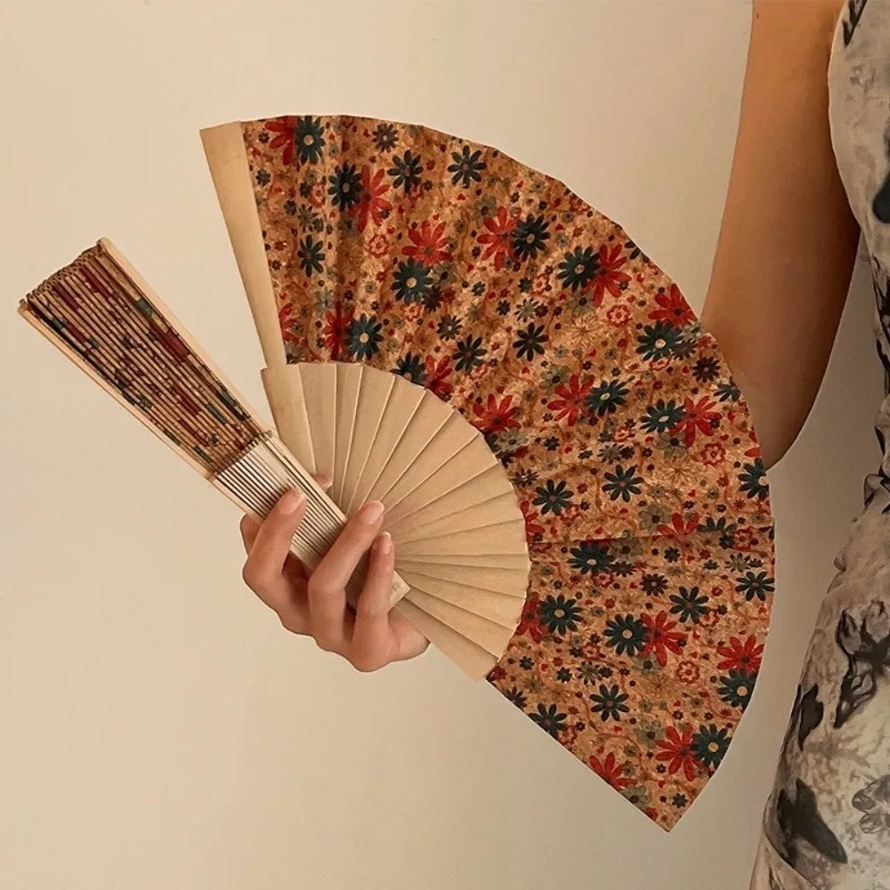 Vintage Bohemian Style Cork Folding Fan Graft Gift Props Wooden Folding Fan Home Decor Hand Folding Fan