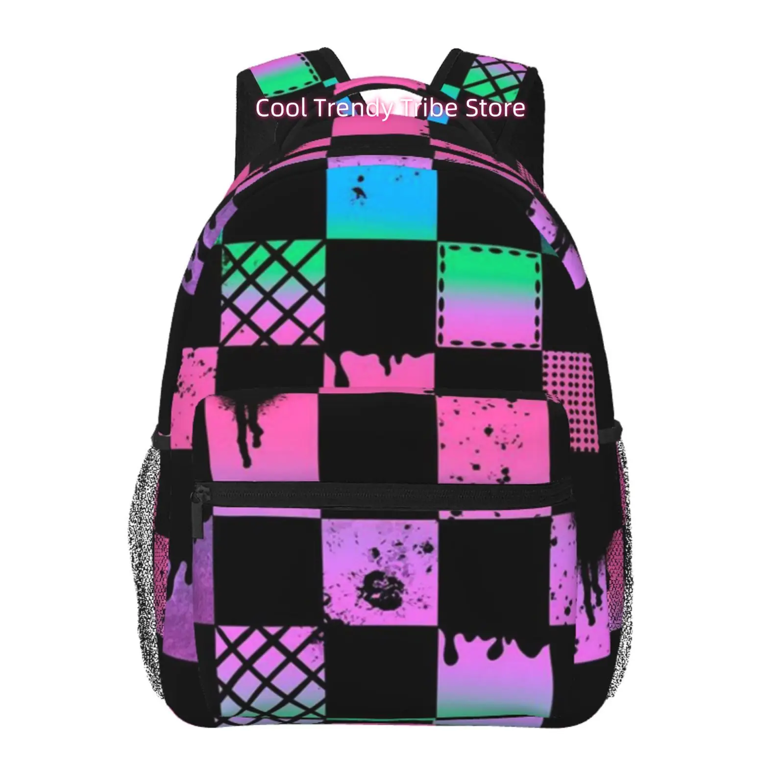 Pink Cyan Gradient Drip Splatter Checker Y2K Print Travel Backpack, Large Capacity with Adjustable Shoulder Straps And Multiple