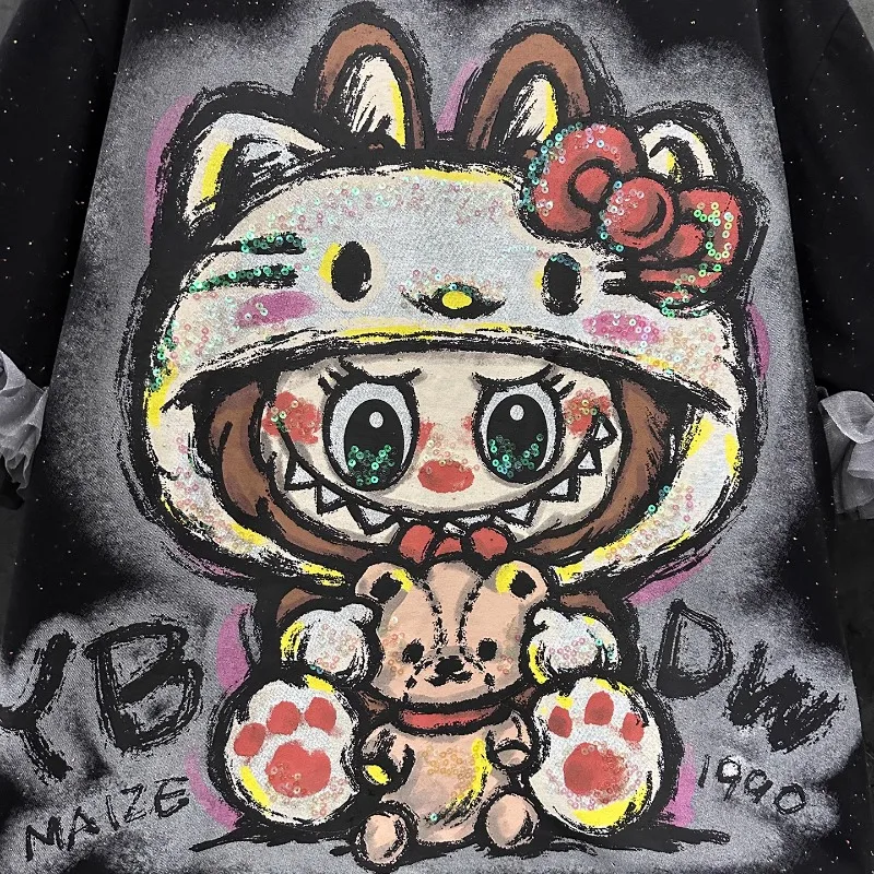 2025 Zomer Nieuwe Cartoon Medium En Lange Mesh Splicing Korte mouwen T-shirt Jurk vrouwen Losse Casual Veelzijdige Top truien