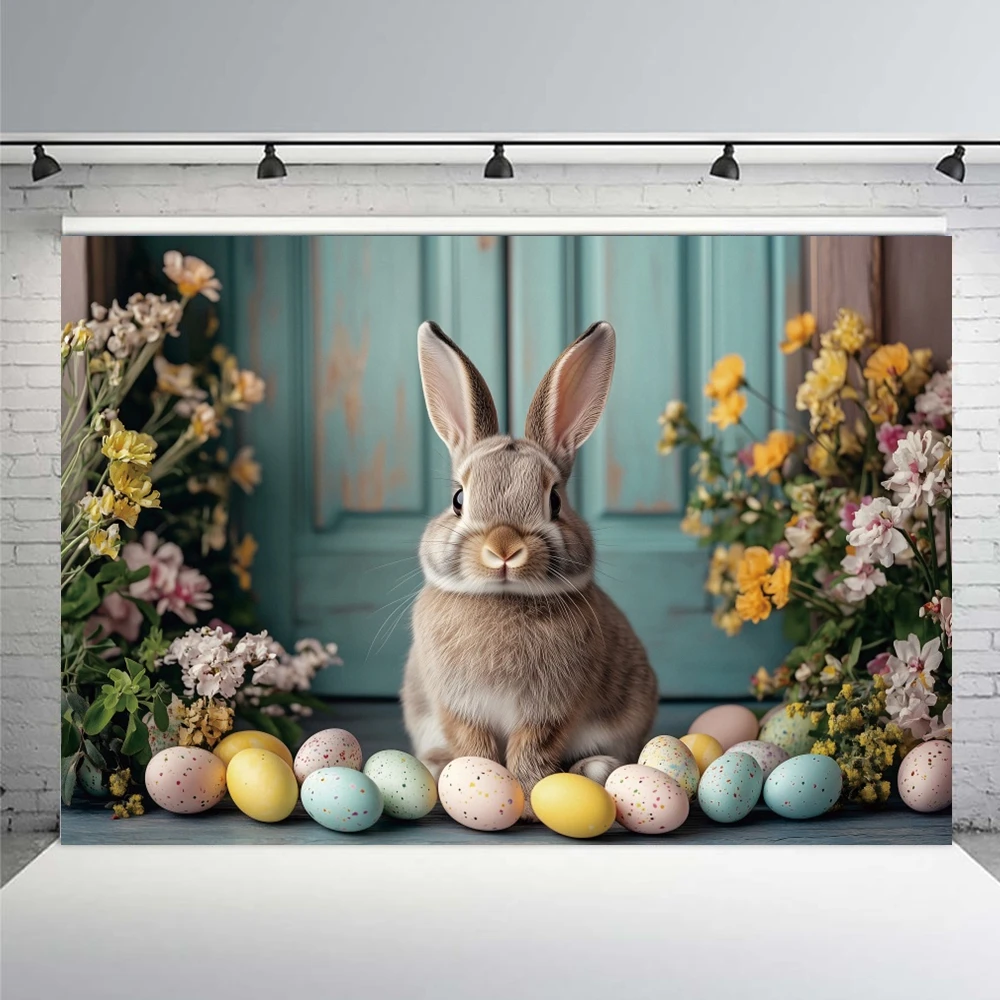 Happy Easter Backdrop Photography Spring Wood Door Colourful Flowers Eggs Rabbit Baby Shower Kids Artistic Portrait Background