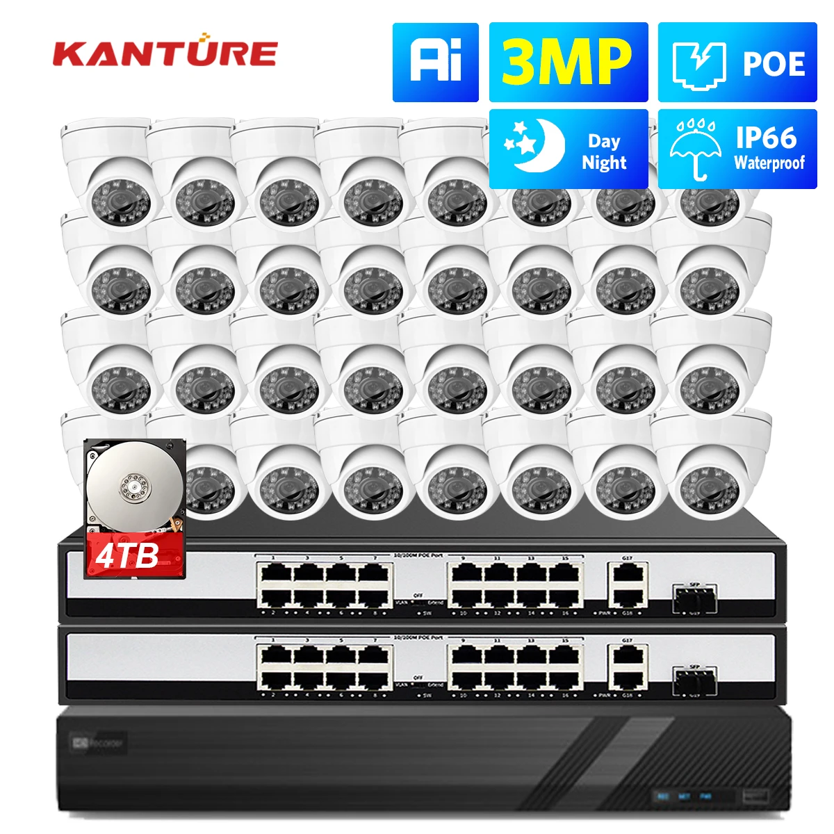 KANTURE CCTV 보안 카메라 시스템, 스마트 AI 인간 감지, 금속 실내 야외 CCTV 비디오 감시 키트, P2P, 32CH, 3MP 