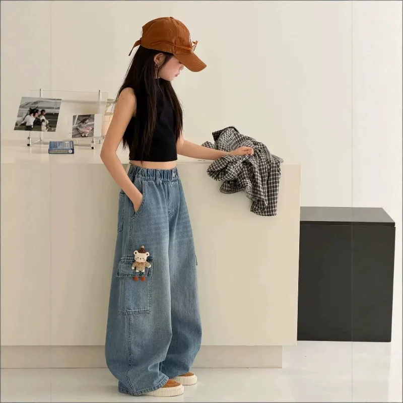 2026 UNITIM Herbst Kinder Mädchen Cargo-Hosen mit Puppendekor 4-14 Jahre Kinder Mädchen Jeans Lose Elastische Taille Junior Mädchen Weite Hosen – Detail 5