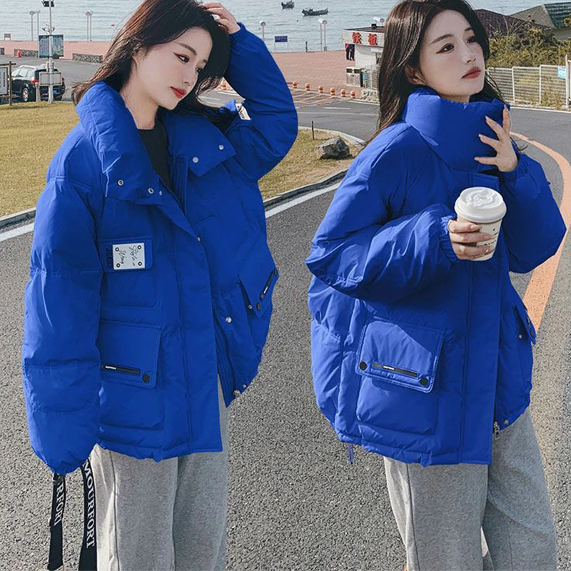 Solid Color Stand Collar White Duck Down Jacket 2023 Patchwork Pocket Zipper Bread Jacket Fashion Lightweight Couple Down Jacket