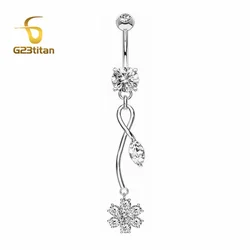 G23Titan Long Dangle Belly Button Ring Silver Color Zircon 6-16mm Titanium or Steel Barbell Anti Allergic Navel Piercing Jewelry