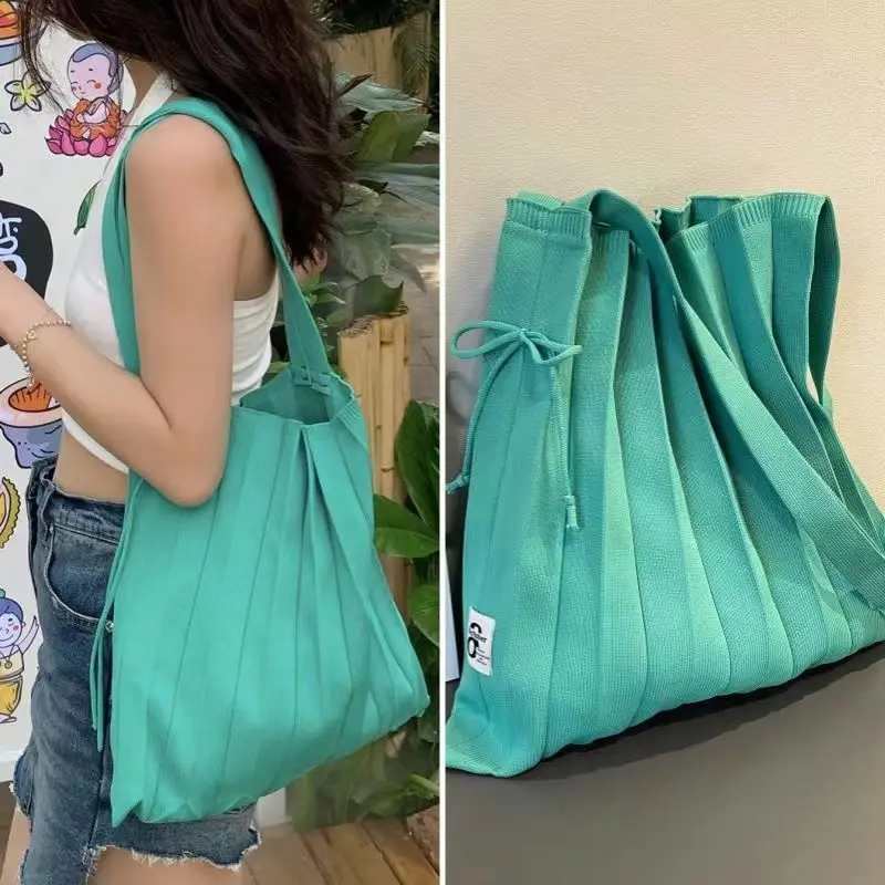 Korean Niche Designer Pleated Shoulder Shopping Bag Spring and Summer Foldable Knitted Large Portable Organ Bags for Women