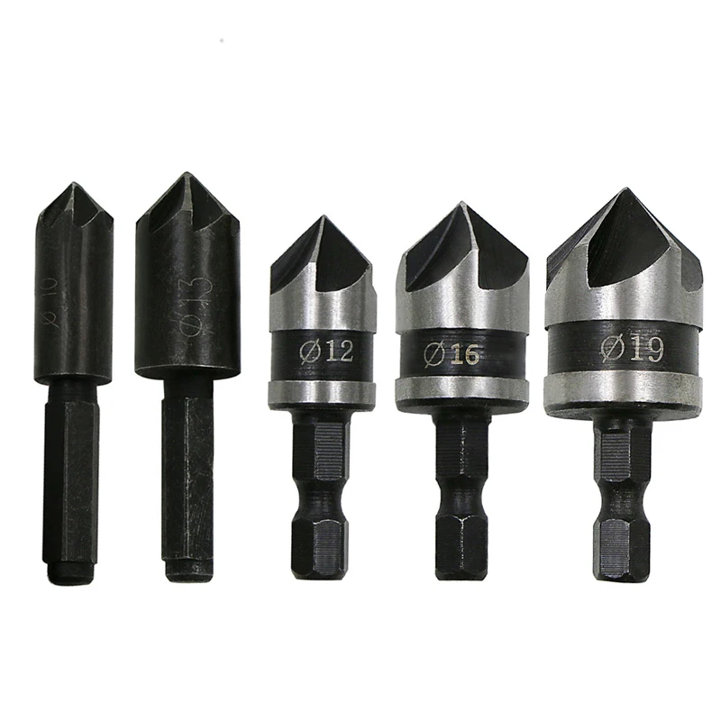 3pcs 12/16/19mm 5/7 Flute 90 Degrees Chamfer Drill Bit Set  Wood Working Carbon Steel Drill Bit Cutter Countersink Drill Bit Set