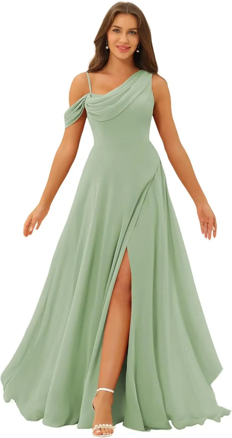 فستان وصيفة العروس بكتف واحد لعام 2025 شيفون طويل سبليت لحفلات الزفاف بكتف بارد على شكل حرف a مع جيب فستان رسمي