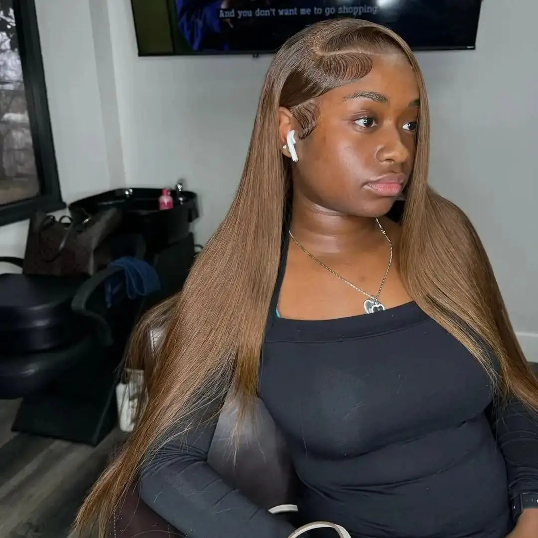 

Шоколадно-коричневый цвет 13x6 HD Парик фронта шнурка Прямые парики Бесклеевые человеческие волосы Парик Weargo Парик из расплавленной кожи Предварительно выщипанные для женщин