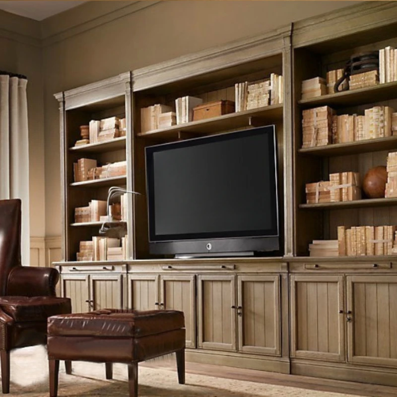 Antique old bookcase TV combination solid wood vintage