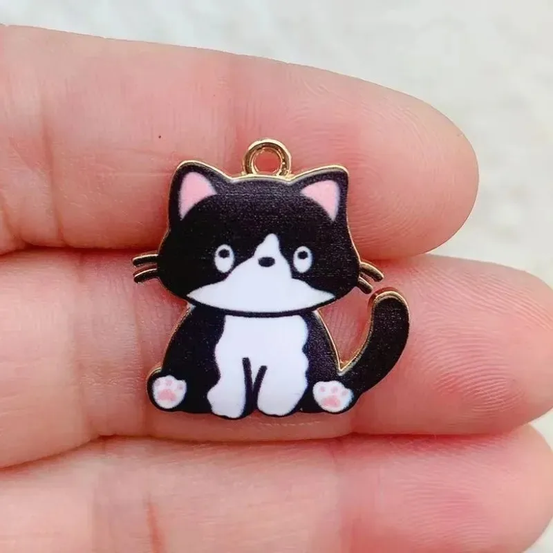 10 PCs Cartoon Enamel Cat Animal Charms Cute Gold Color Metal Pendants for DIY Necklace Bracelets Jewelry Making