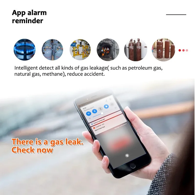 إنذار الغاز الذكي واي فاي إنذار السلامة الصوتية المكونات الأوروبية القياسية السلامة من الحرائق شاشة LCD رقمية عرض درجة الحرارة مناسبة للمنزل