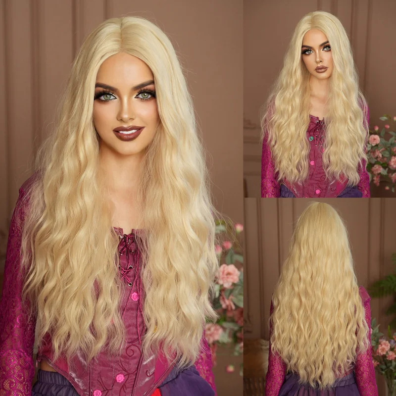 

Witch is Crazy Halloween Wig for Women, Golden Wavy Long Curly Hair, Middle Parting, -Quality Synthetic High-Temperature Fib