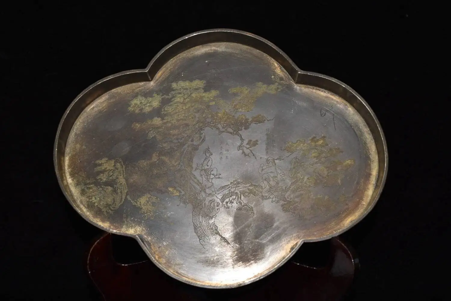 Collect Old Pure Copper Hand Made Painting Pine Tree Pattern Tea Tray Ornament