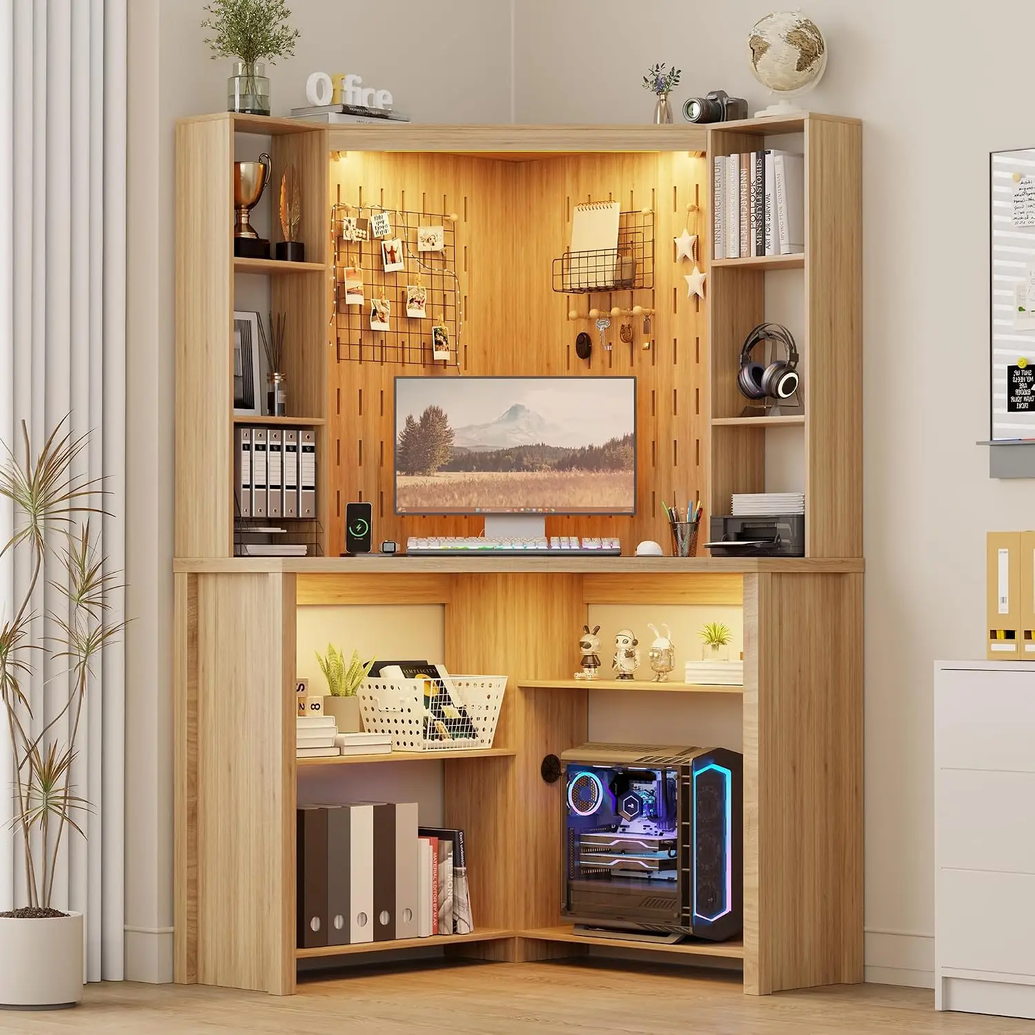 Corner Desk Hutch LED Lights 2AC USB Type-C Charging 3 Dimmable 6-Tier Shelves Home Office Gaming, Customized