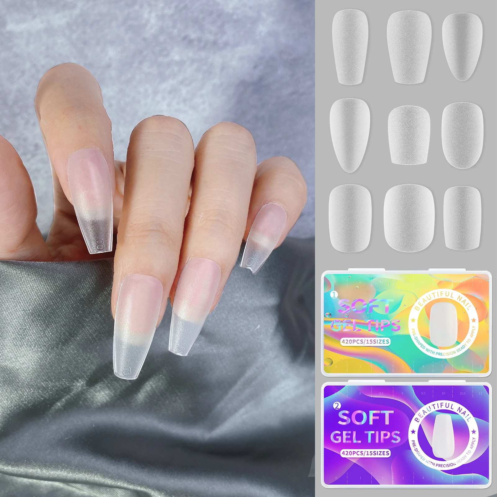 420pcs Nail Art Press on False Nail Matte Clear Full Cover Coffin Square Almond Short Fake Nail Gel Tips Manicure Extension Tool