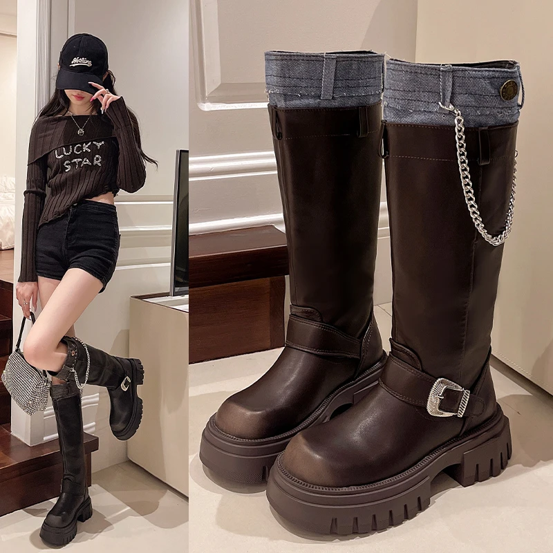 Platform Women Western Cowgirl Boots Fashion Slip On Belt Buckle Knight Long Boots Autumn Winter Women's Booties