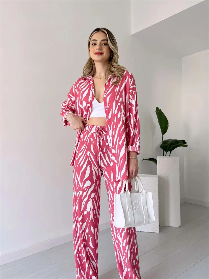 Elegant Tracksuit 2 Piece Outfits for Women Long Sleeve Blouses Button Down Shirts and Casual Loose Long Pants Sets Streetwear