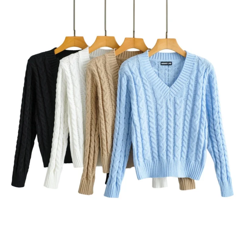 

Retro Sle Knitted Sweater V-Ne Casual Wear for Commuting Outerwear Multi-Color Twist Knit Soft Sle Long Sve Top