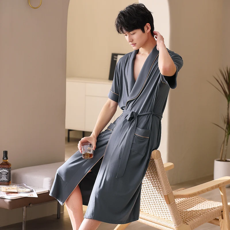 Solid Color Bath Robe Summer Thin Modal Casual Nightgown Long Bathrobe Men Sleepwear Short Sleeve V-Neck Robes M-3XL Male Kimono