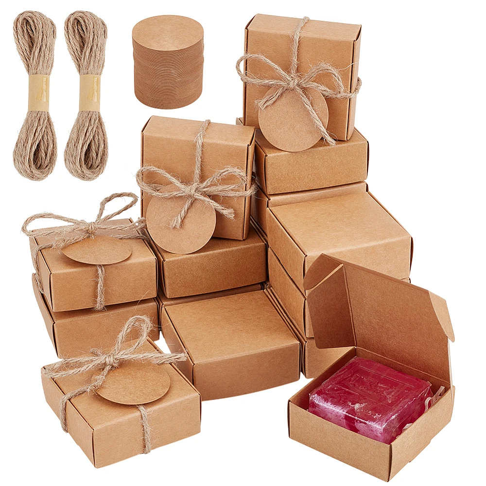 50 Pack Small Gift Boxes Bulk Set Peru Color Cardboard Square Boxes with Rope and Tags for Wedding Bridesmaid Proposals