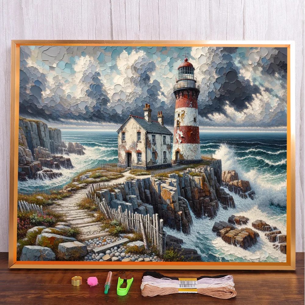 Landscape Lighthouse Pre-Printed 11CT Cross-Stitch Kit Embroidery Painting Needlework Handiwork Handmade Floss Needle Promotions