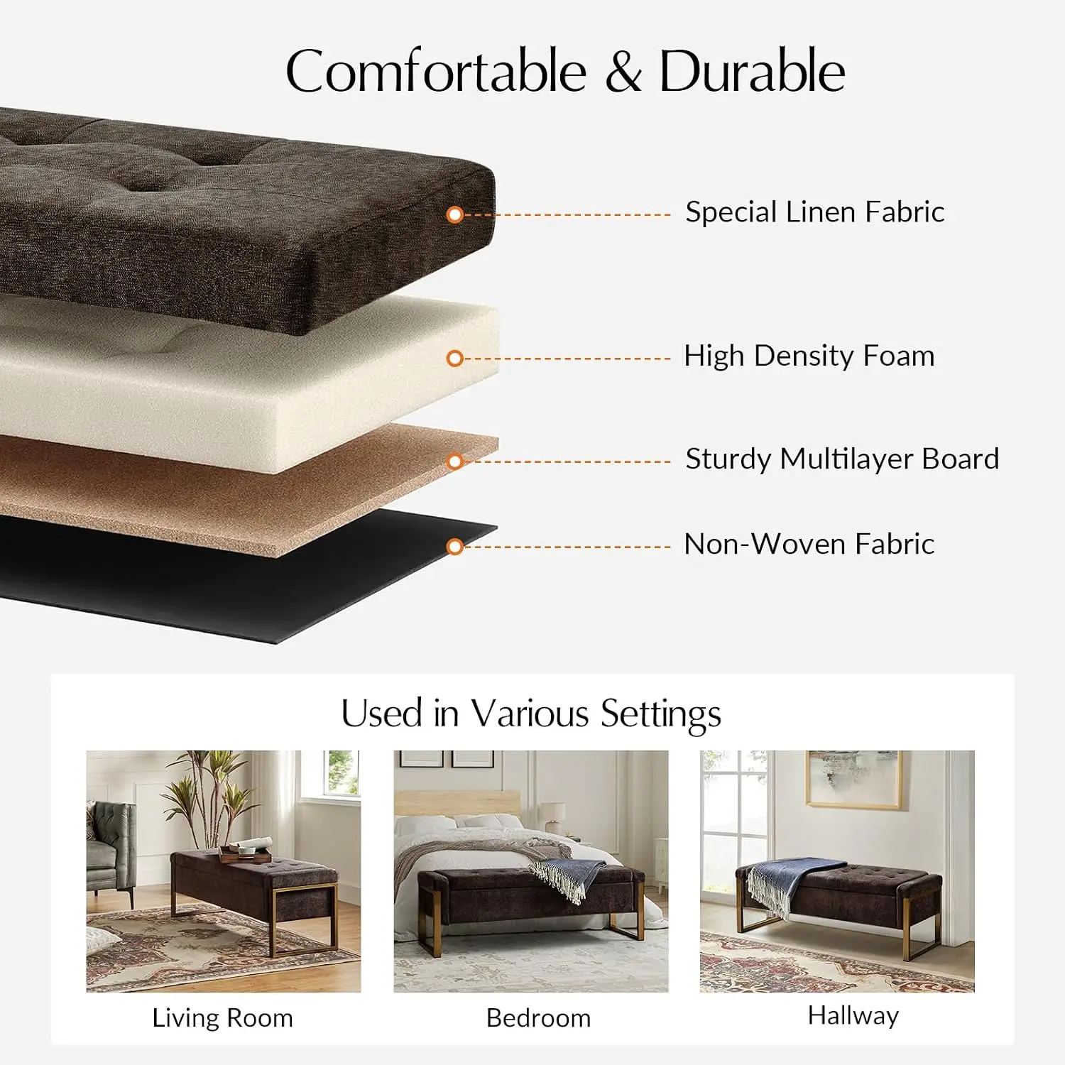 Modern Storage Ottoman Bench with Gold Metal Legs Upholstered Footrest End-of-Bed Bench with Hidden Storage, Hallway and Entrywa