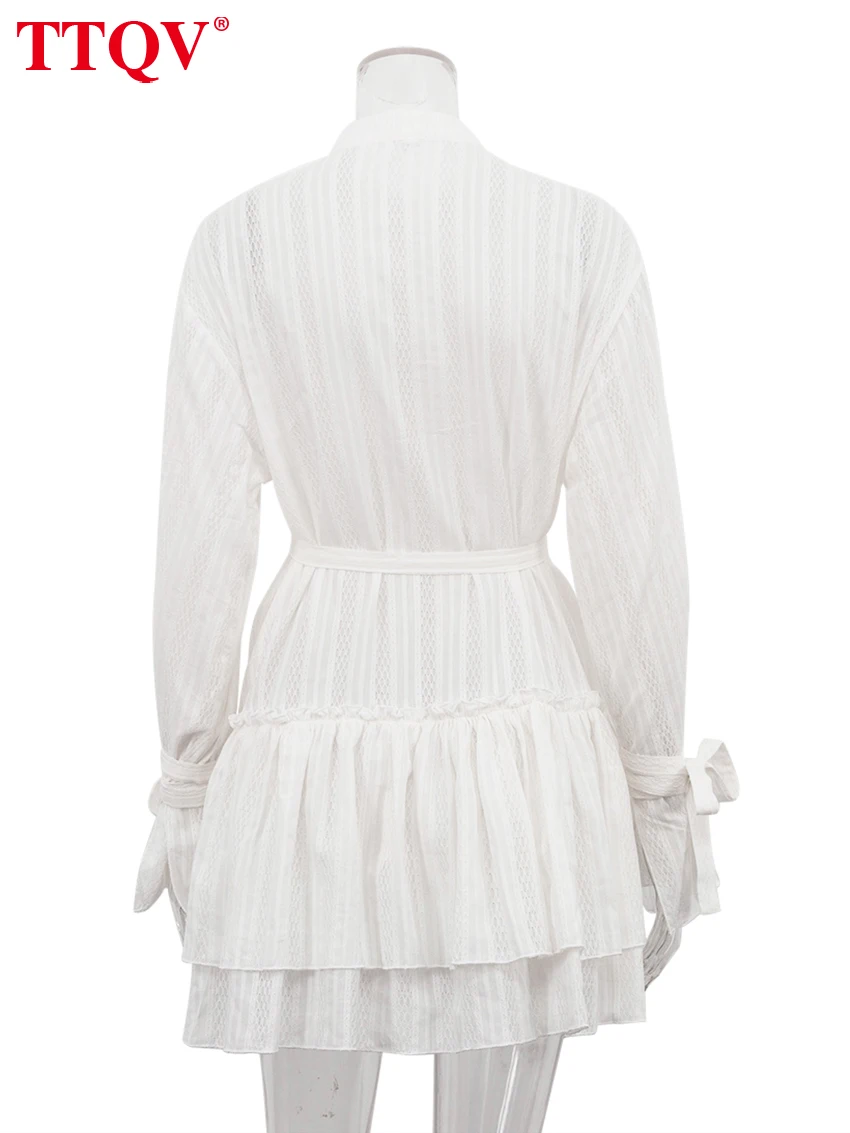 White Stand Collar Long Sleeve Pleated Mini Dress