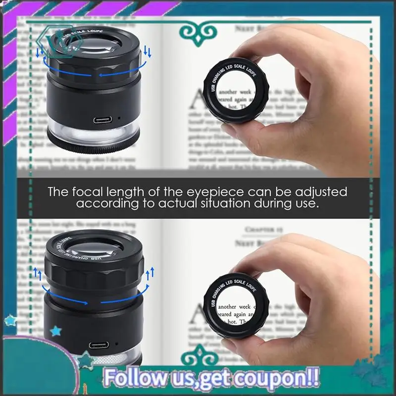 

A09P 2Pcs Loupe Magnifier 10X,Rechargeable Jewelers Magnifying Glass With LED Light And Scale, Adjustable Focal Length