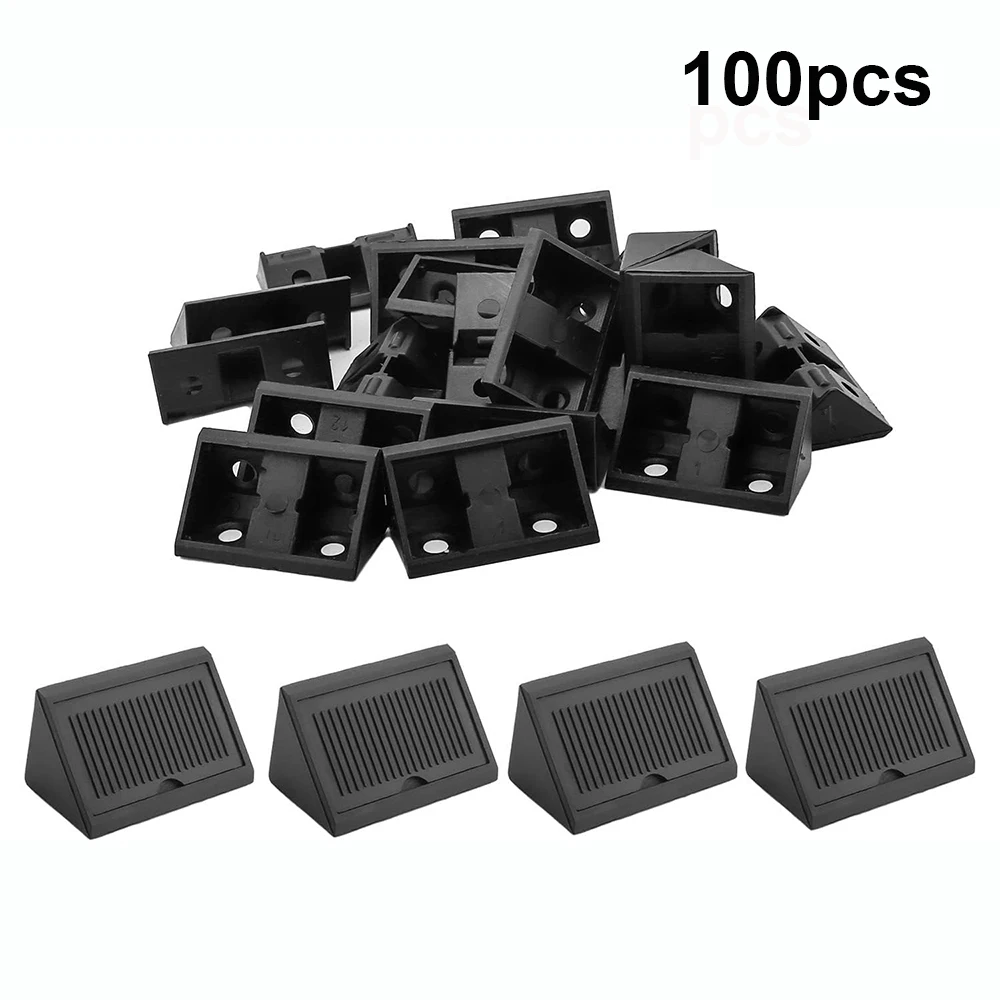 WOZOBUY Plastic Corner Braces, Shelf Cabinet Door 90 Degree 4 Holes Angle Brackets with Cover Cap black, Pack of 100