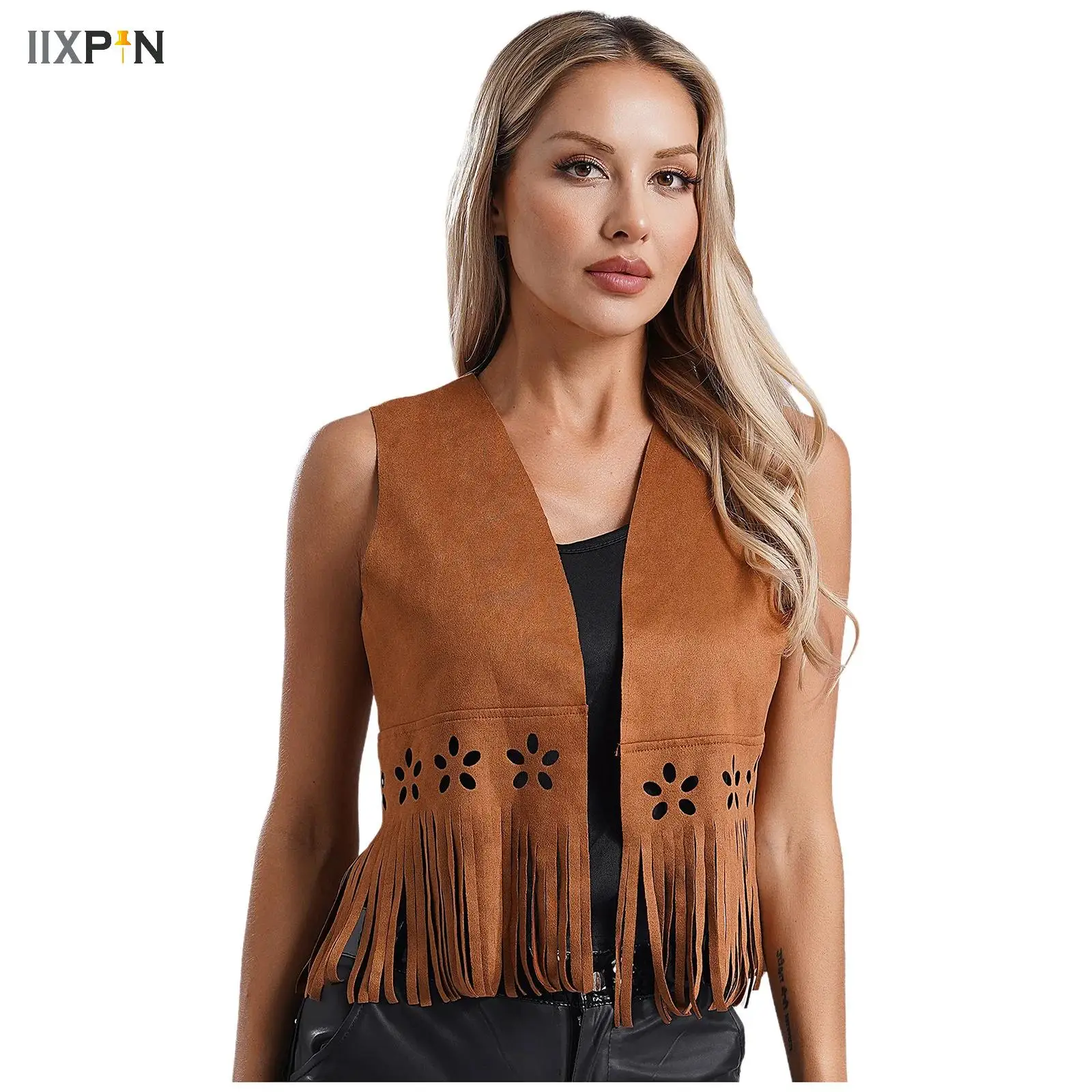 

Women Faux Suede Ethnic Vest Sleeveless Jacket Top Fringe Tassels 70s Hippie Farm Open Front Cardigan Vintage Cowgirl Waistcoat