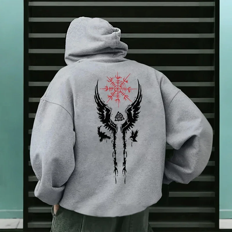 Outono/Inverno 2026, Novo Moletom Masculino com Estampa de Corvo Viking Antigo, Jaqueta Esportiva Masculina Casual Urbana, Corte Solto
