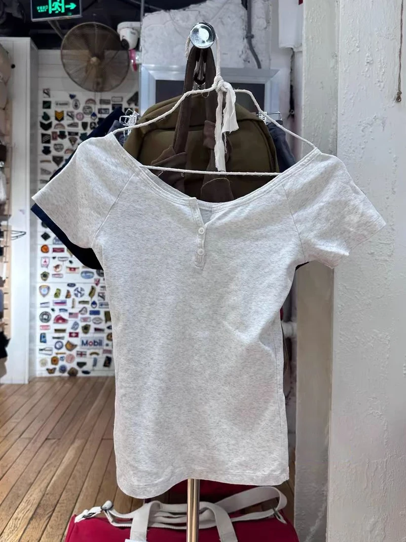 

Solid Cotton Henley T-shirt Woman Summer Short Raglan Sleeve Slim Tee Shirt Casual Simple Basic Tshirt Cotton Crop Top Y2k 2025