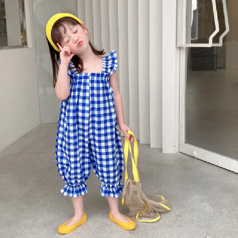 Girls\' Plaid Jumpsuit 2022 Summer New Girls\' Overalls Korean Version Of The Cropped Pants Baby Flower Bud Pants Casual Romper