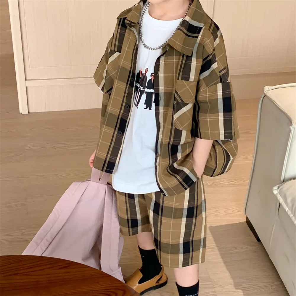 

Summer 2-8 years boys fashion cool 2pcs clothes sets Kids plaid short sleeve shirt and shorts Outfits