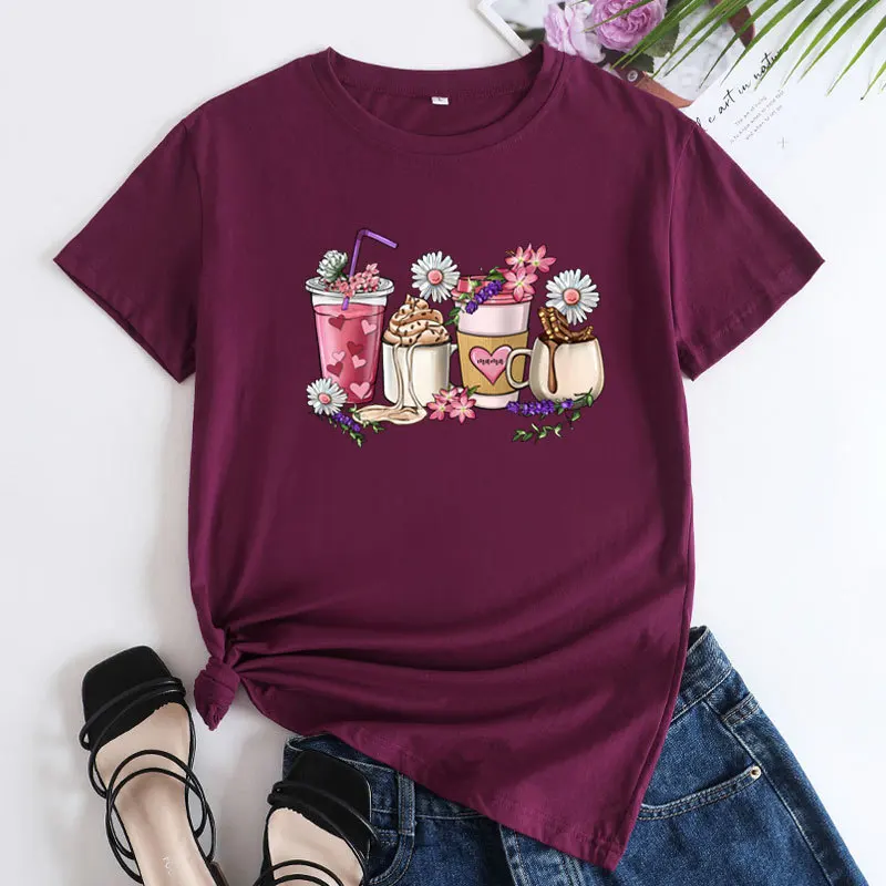 تي شيرت نسائي عصري بياقة دائرية من القطن، محبوك بكثافة، مناسب للصيف، ملابس الشارع، مريح، مصنوع من القطن الخالص