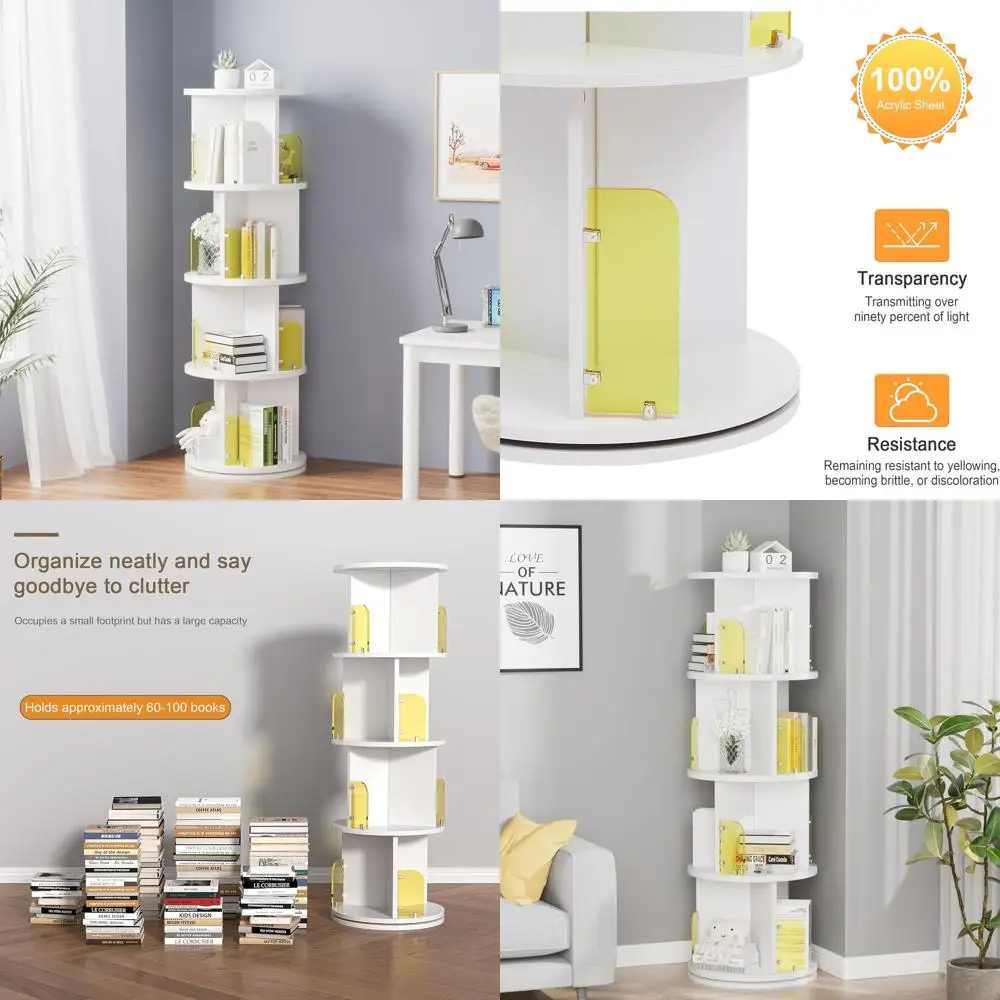 

360° Rotating Bookcase Tower, Stackable Wood Book Shelf for Kids & Adults, White