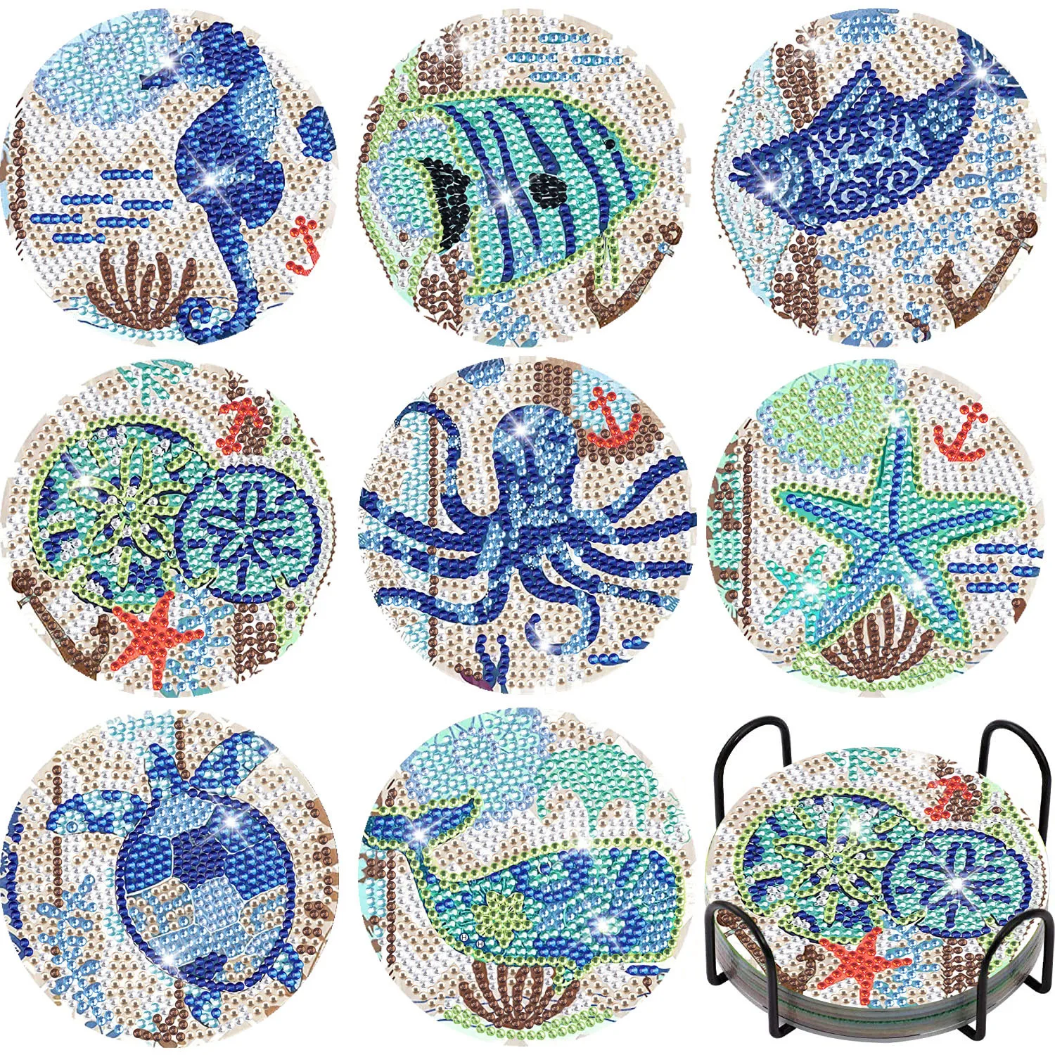 8 Pcs/sets Diamond Painting Coasters with Holder Ocean Diamond Art Coasters DIY Crafts for Adults Small Diamond Painting Kits